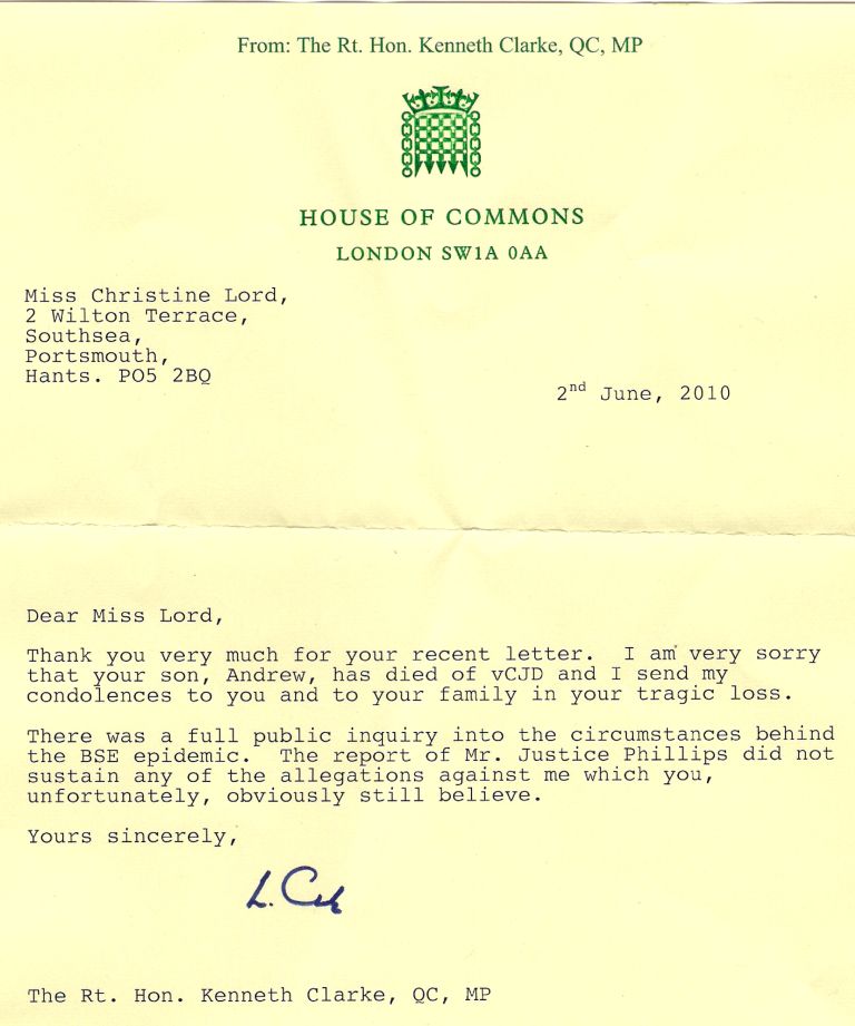 Letter from Kenneth Clarke QC MP
