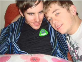 Andy proudly wearing his cbbc production crew t-shirt with friend Owen (4 weeks before Andy died)